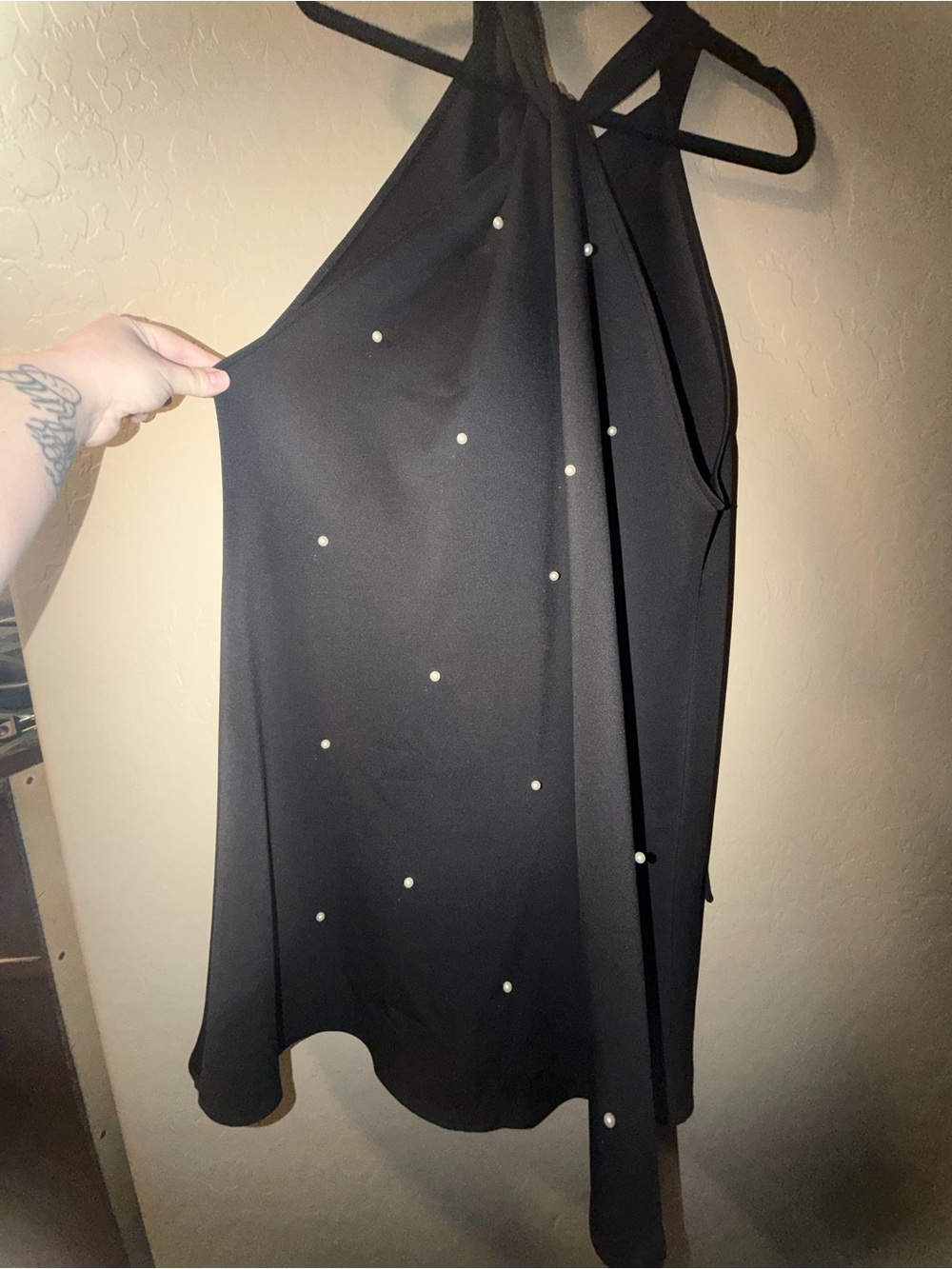 Black Pearl-Embellished Halter Dress